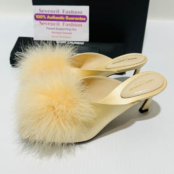 Saint Laurent Blanco Mae 60 38/ US 8 Mule Gold Satin Slip On Stiletto Heel NIB - Picture 4 of 11